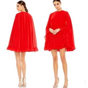 Ieena Mac Duggal Red High Neck Ruffle Hem Cape Mini Shift Dress Womens Sz 12